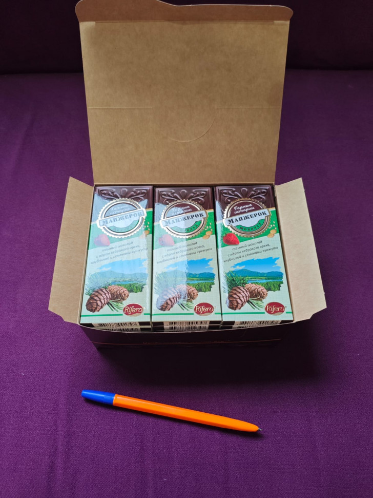  Риф и Ко Шоколадная плитка «Манжерок»(кедровые орехи, клубника, кунжут)  (блок 18шт по 55г)    в Гае